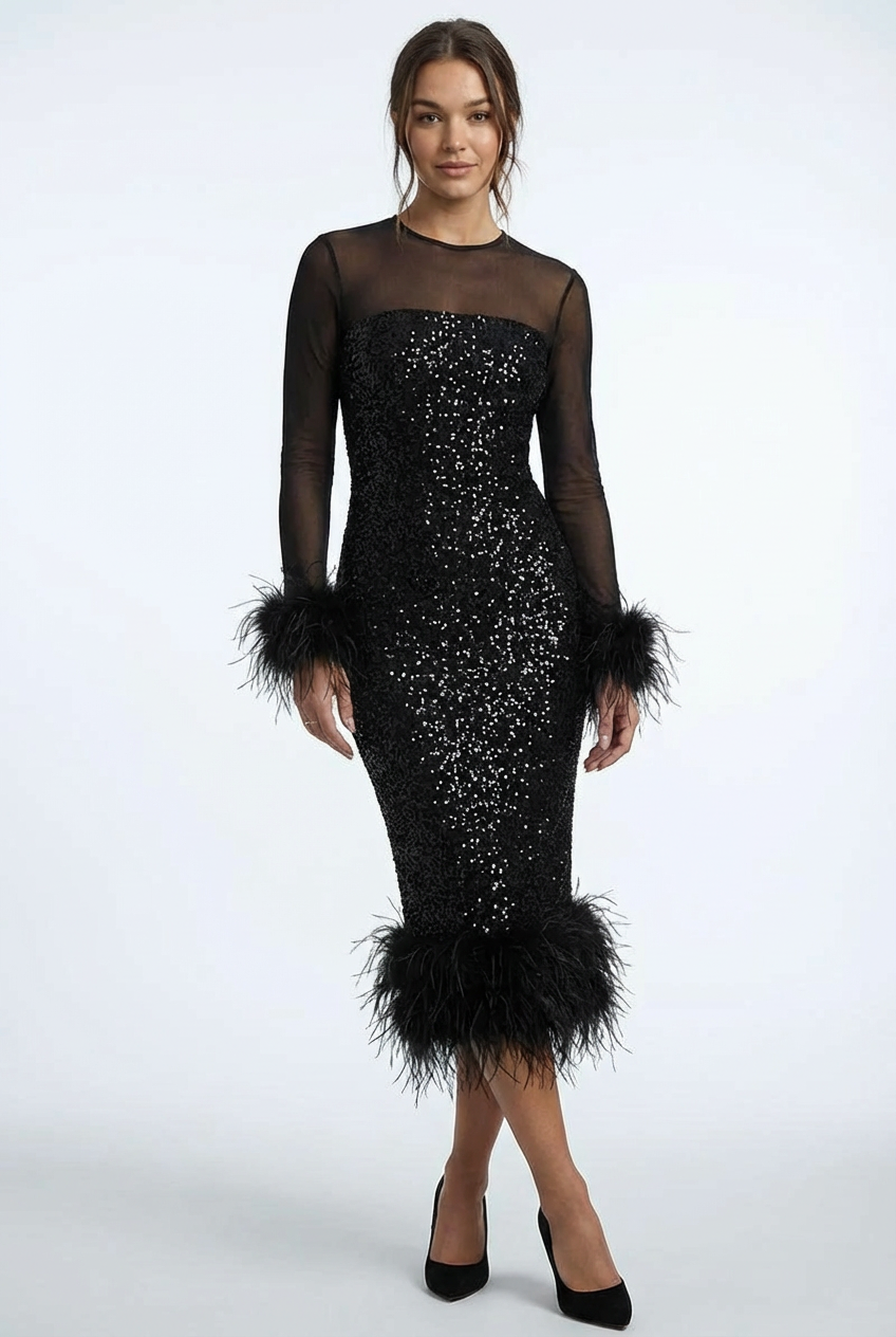 Women’s Feather Patchwork Sequin Midi Dress