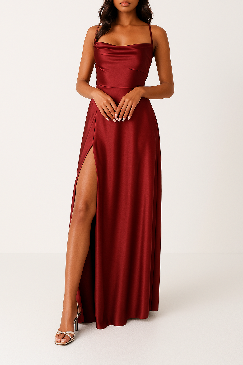 Robe longue rouge élégante avec fente haute, bretelles fines, portée par une femme. Mode soirée chic, tendance, glamour.