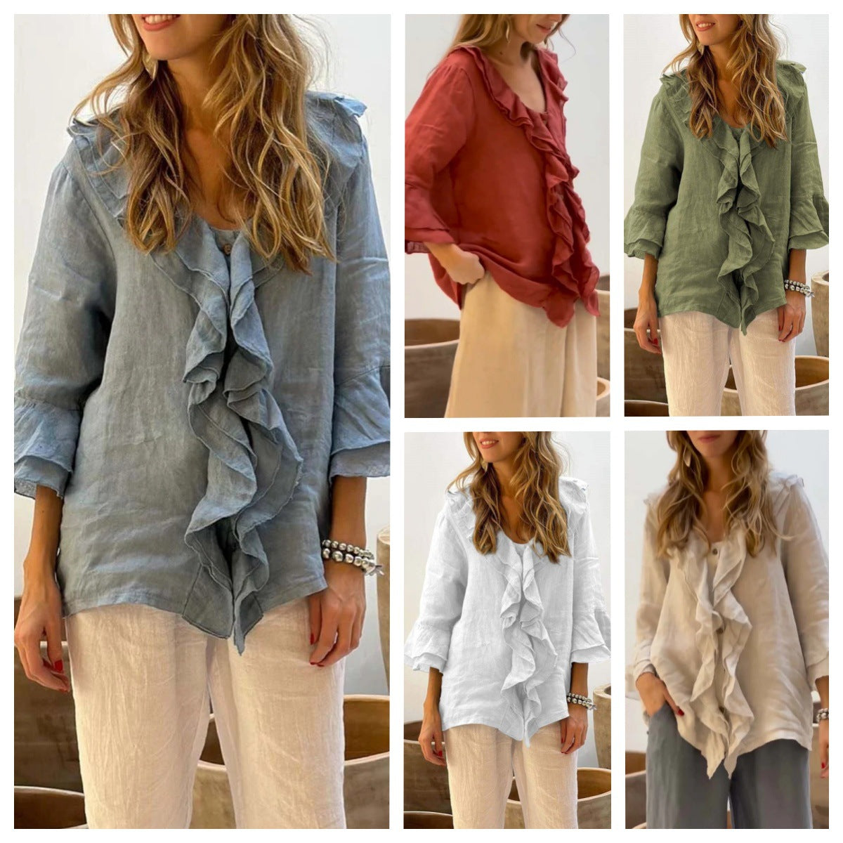 Blusa com decote em V e mangas franzidas