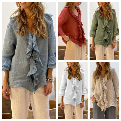 Blusa com decote em V e mangas franzidas