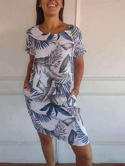 Women's Linen Tropical Print Shift Dress