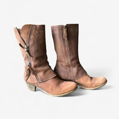 Women's Brown Mid Calf Zip-up Ankle Boots