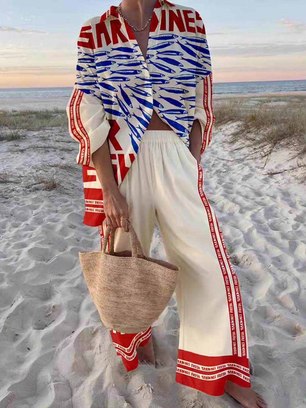 Women’s Printed Oversized Shirt & Wide-Leg Trousers Set – Relaxed Holiday & Summer Style