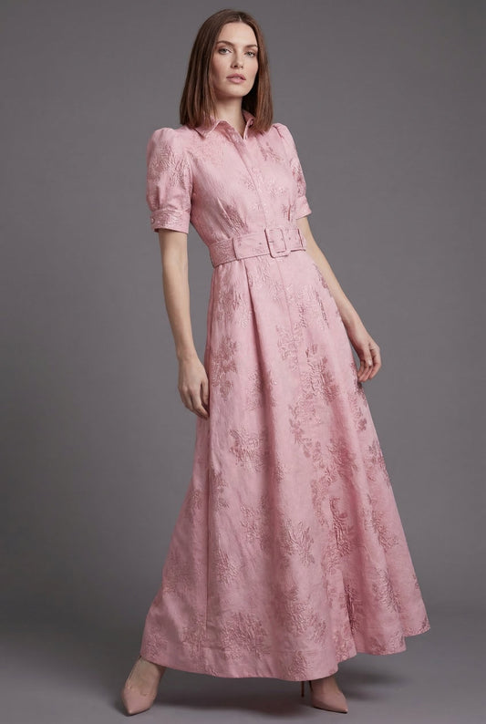 Ascot Belted Puff Sleeve Full Skirt Maxi Dress
