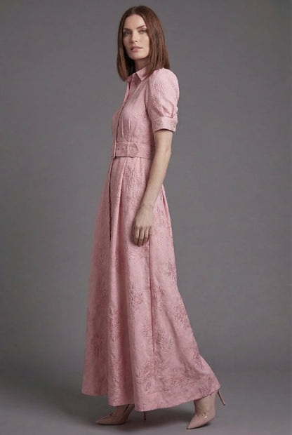 Ascot Belted Puff Sleeve Full Skirt Maxi Dress