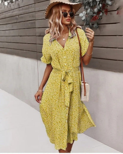 Florales Damen Midi Sommerkleid mit Bindegürtel | V-Ausschnitt