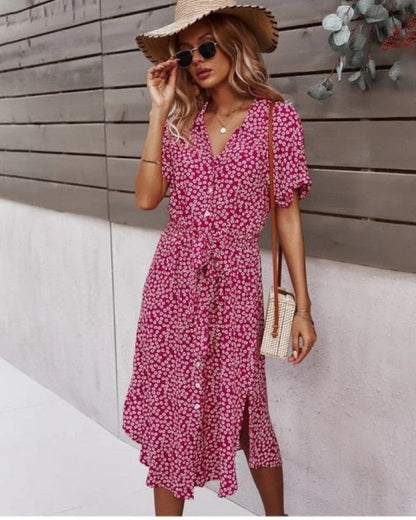 Florales Damen Midi Sommerkleid mit Bindegürtel | V-Ausschnitt