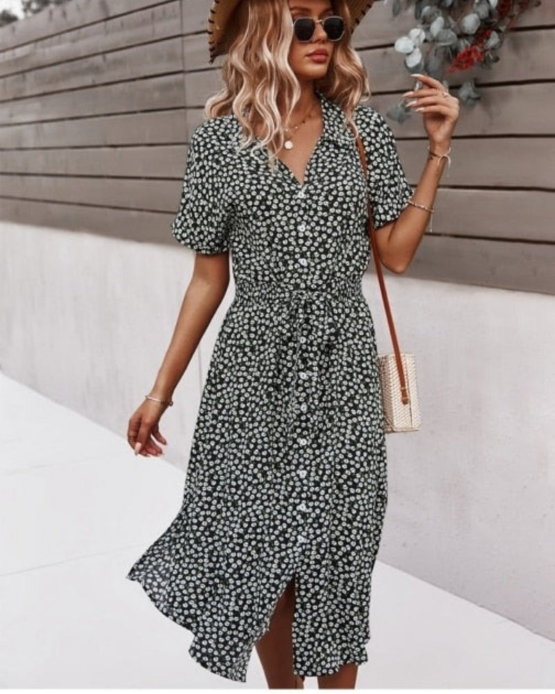 Florales Damen Midi Sommerkleid mit Bindegürtel | V-Ausschnitt