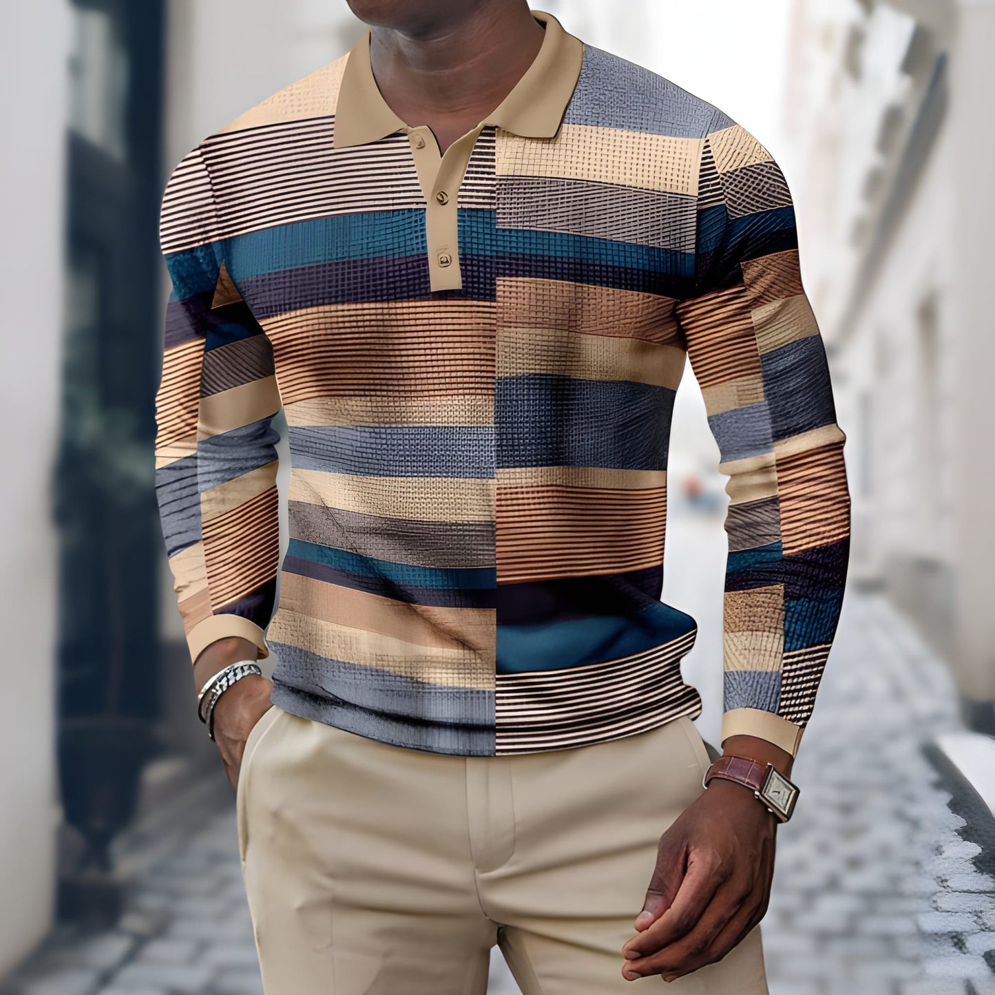 Polo pour homme | Manches longues | Motif patchwork |