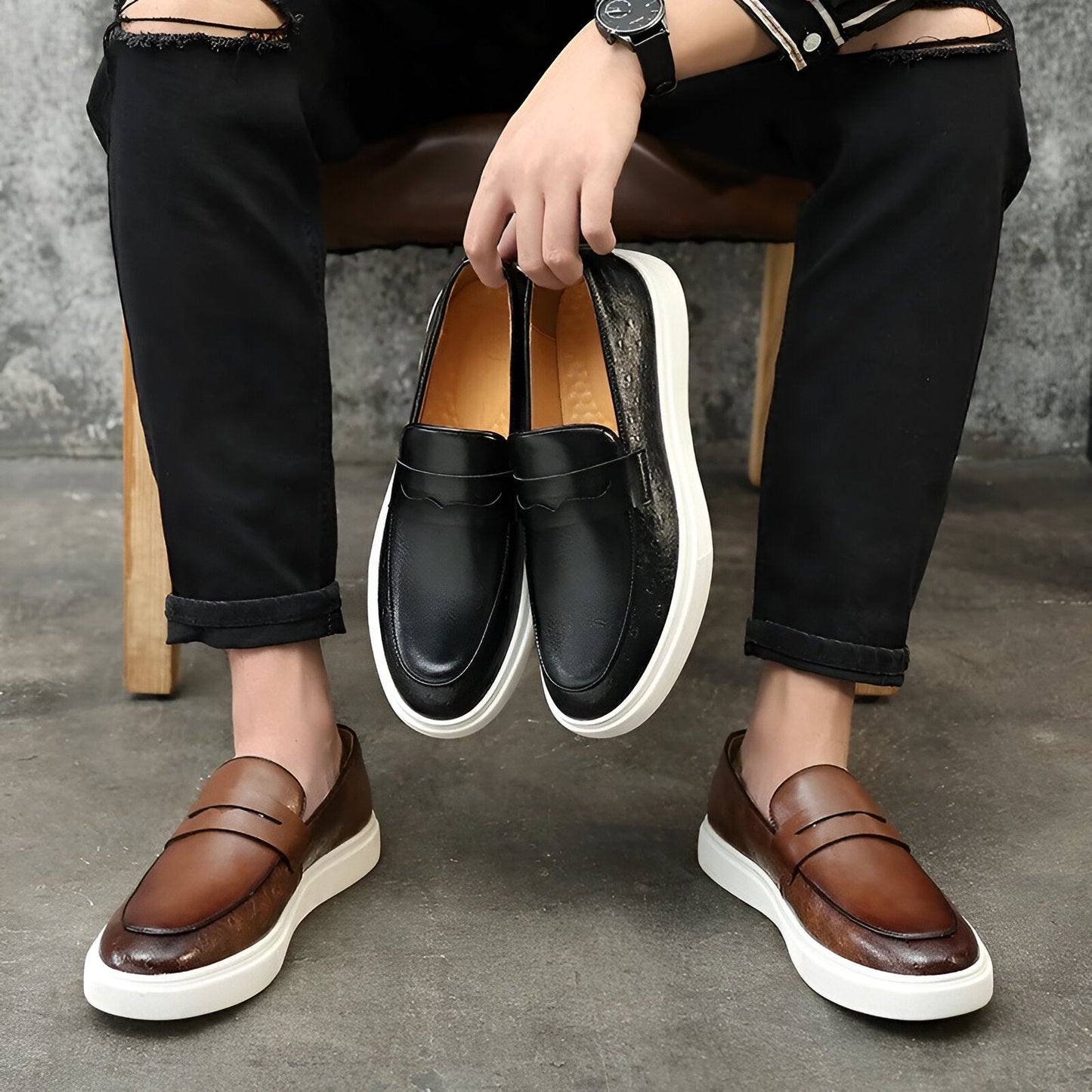 Mężczyzna | Mokasyny Skórzane | Model Slip-On | Gruba Podeszwa Antypoślizgowa | Styl Casual i Elegancki