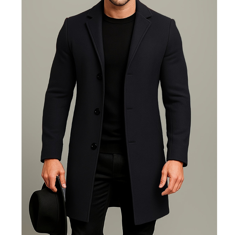 Mężczyzna | Długa Kurtka Zimowa | Regular Fit | Zapięcie na Guziki | Klasyczne Klapy | Styl Formalny i Casual