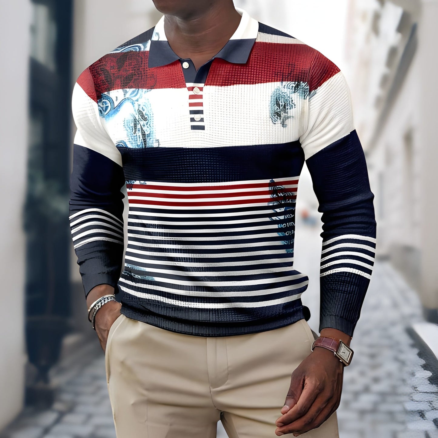 Polo pour homme | Manches longues | Motif patchwork |