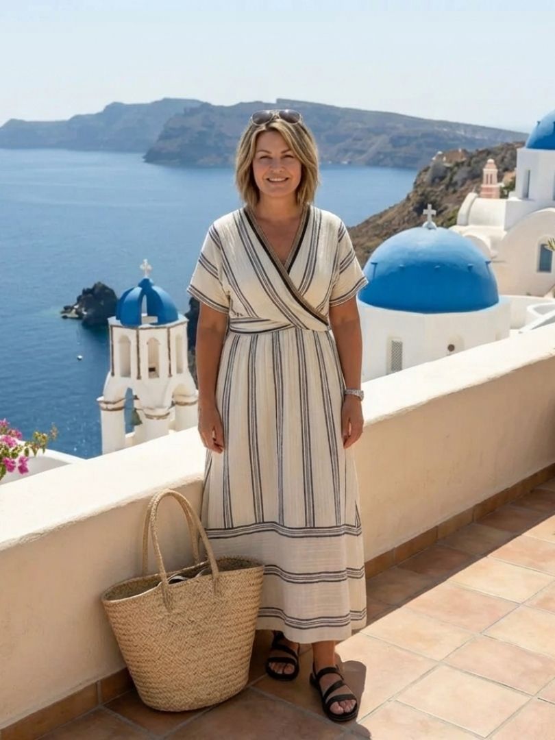 Women's Striped V Neck Wrap Midi Dress