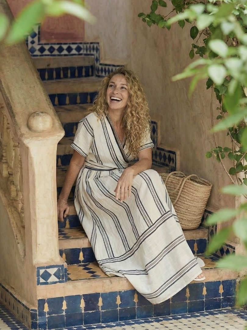 Women's Striped V Neck Wrap Midi Dress
