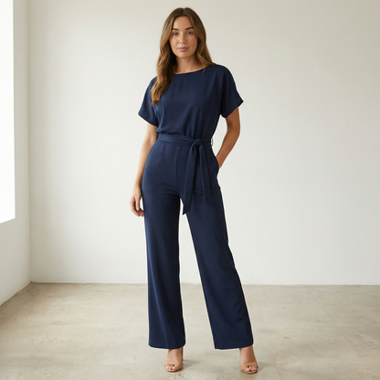 Jumpsuit met strikceintuur en wijde pijpen