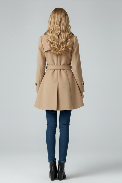Womens Coat with Textured Collar and Belted Waist Fit