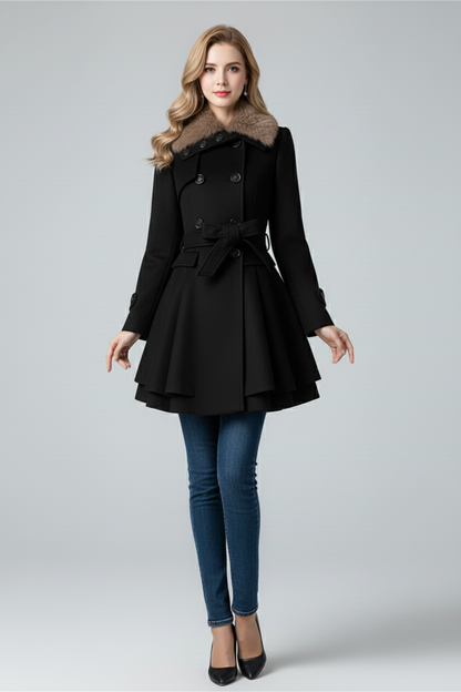 Womens Coat with Textured Collar and Belted Waist Fit