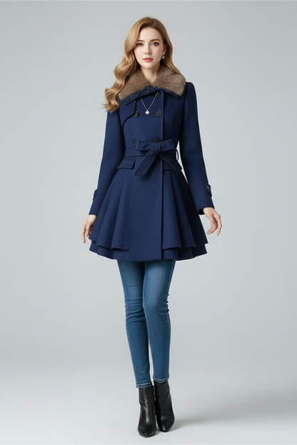 Womens Coat with Textured Collar and Belted Waist Fit