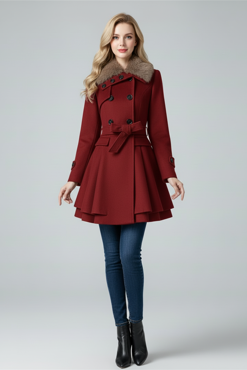 Womens Coat with Textured Collar and Belted Waist Fit