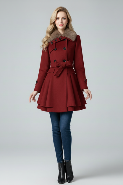 Womens Coat with Textured Collar and Belted Waist Fit