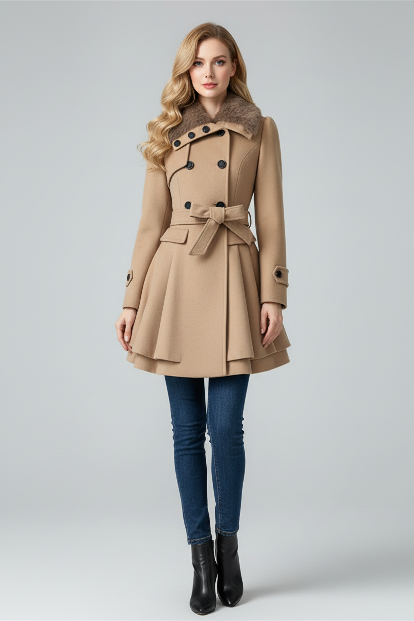Womens Coat with Textured Collar and Belted Waist Fit