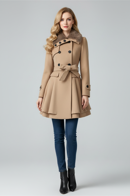 Womens Coat with Textured Collar and Belted Waist Fit