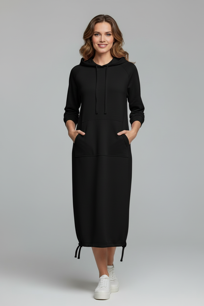 Hooded Knee Length Dress with Drawstring Hem and Front Pocket