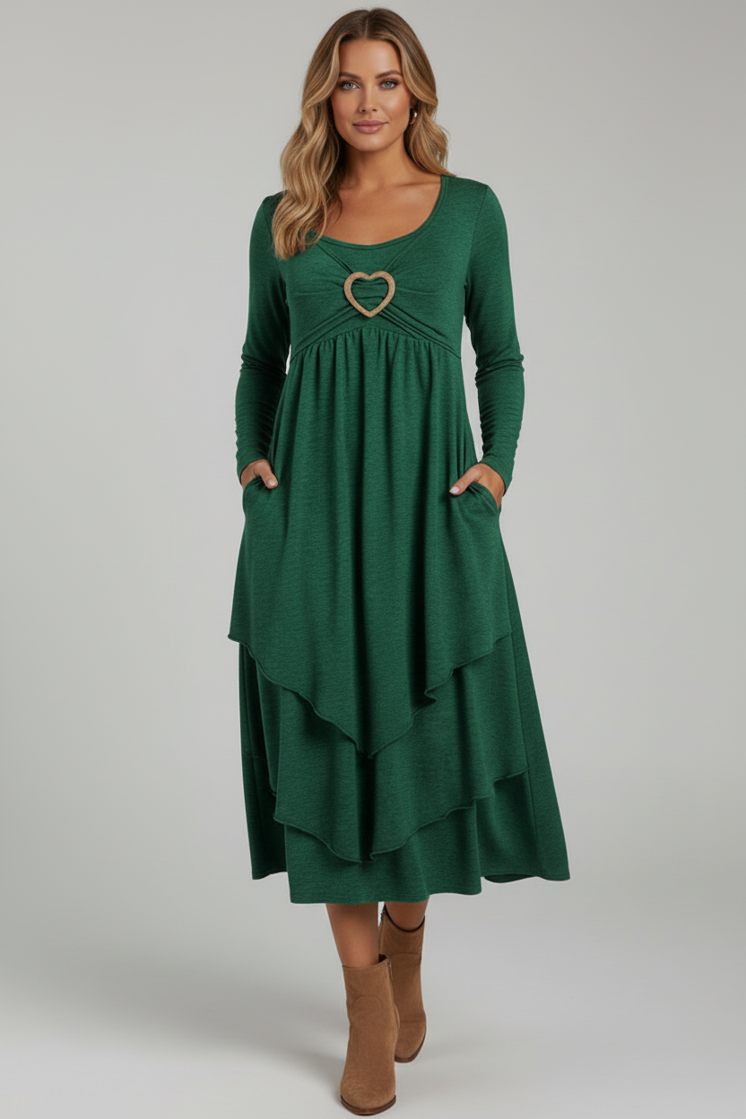 Tiered Midi Dress with Long Sleeves and Heart Detail