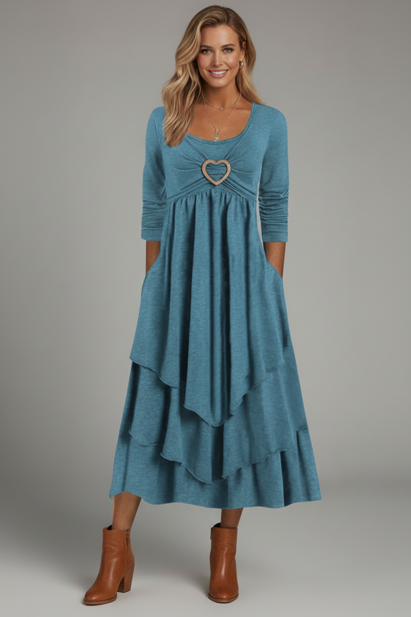 Tiered Midi Dress with Long Sleeves and Heart Detail