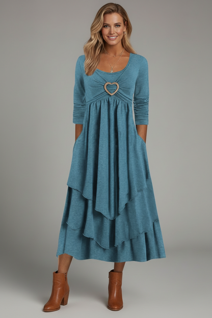 Tiered Midi Dress with Long Sleeves and Heart Detail