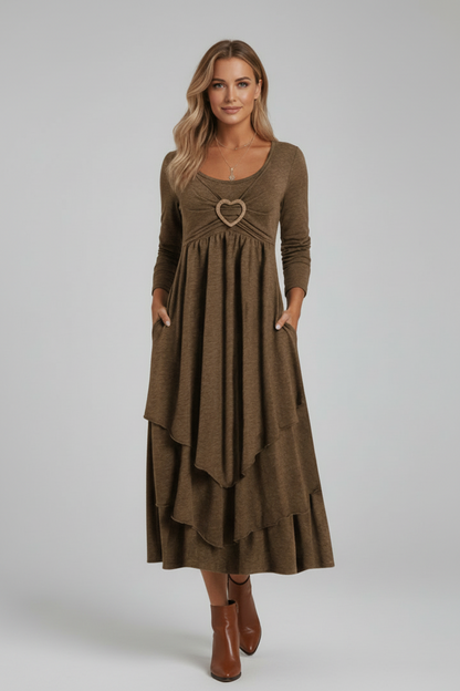 Tiered Midi Dress with Long Sleeves and Heart Detail