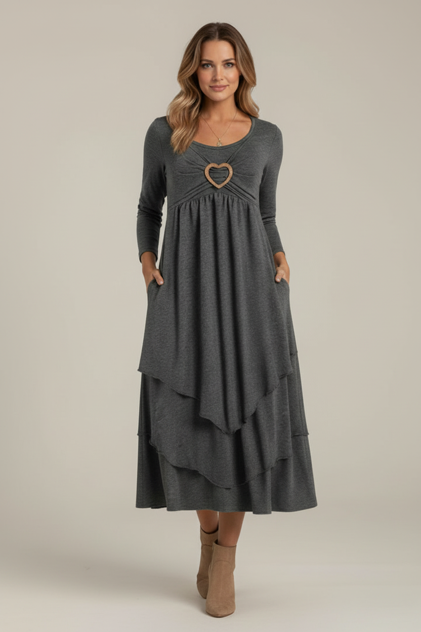 Tiered Midi Dress with Long Sleeves and Heart Detail