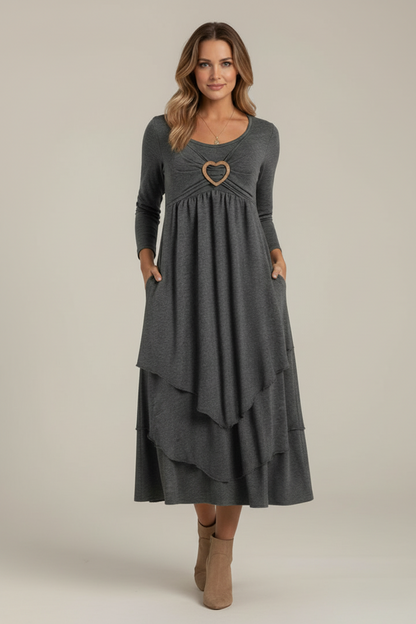 Tiered Midi Dress with Long Sleeves and Heart Detail