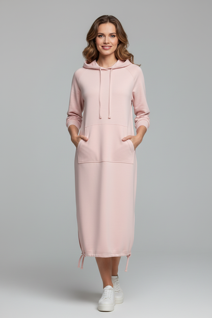 Hooded Knee Length Dress with Drawstring Hem and Front Pocket