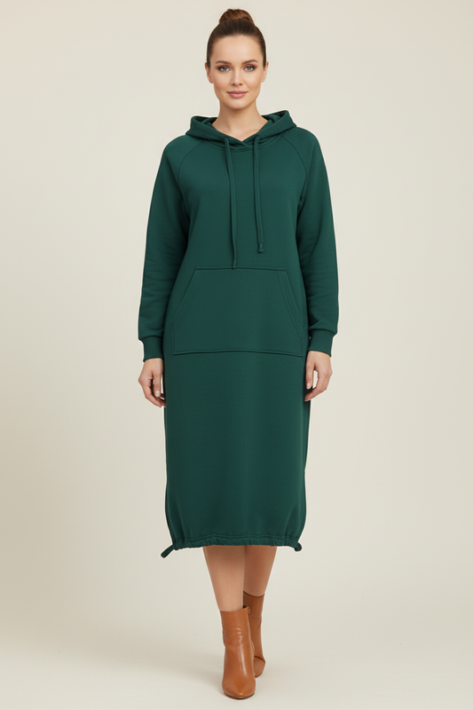 Hooded Knee Length Dress with Drawstring Hem and Front Pocket
