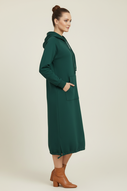Hooded Knee Length Dress with Drawstring Hem and Front Pocket
