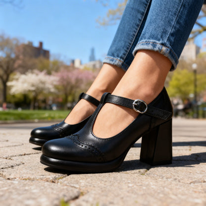 Sylvia Brogue Loafers – Vintage Inspired Buckle Strap Block Heels with Comfortable Fit