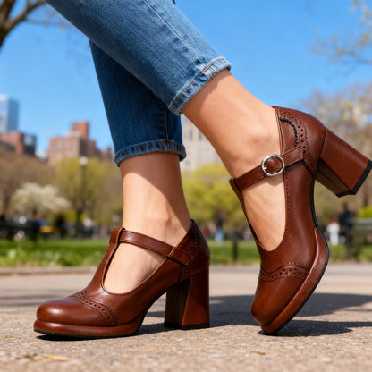 Sylvia Brogue Loafers – Vintage Inspired Buckle Strap Block Heels with Comfortable Fit