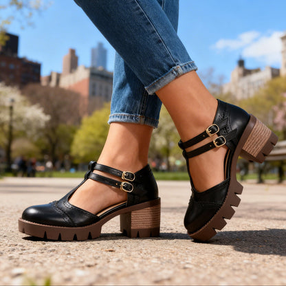 Sally Brogue Loafers – Vintage-Inspired Twin-Buckle Block Heels with Comfortable Fit