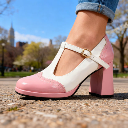 Sabrina Patent Brogue Loafers – Vintage Inspired T-Strap Block Heels with Comfortable Fit