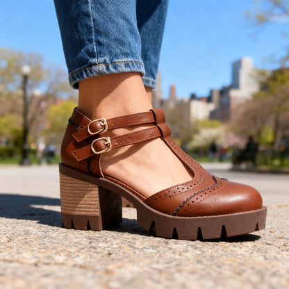 Sally Brogue Loafers – Vintage-Inspired Twin-Buckle Block Heels with Comfortable Fit