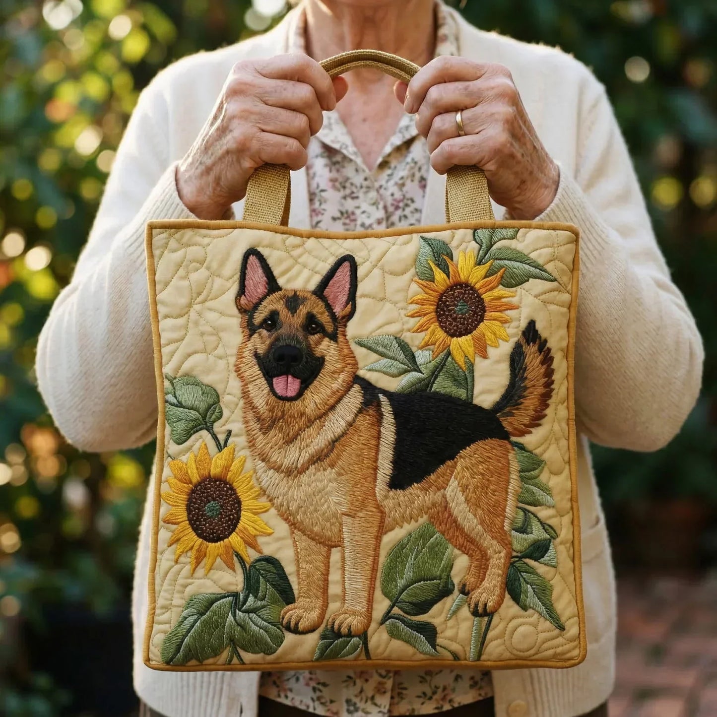 Geantă Artizanală – Ciobănesc German și Model Floral