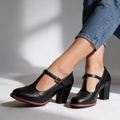Mocassini con cinturino a T in stile brogue – Tacchi a blocco di ispirazione vintage con calzata confortevole