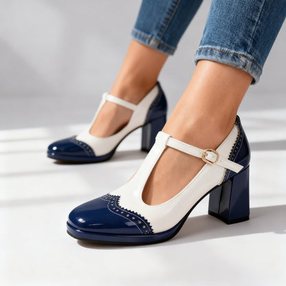 Sabrina Patent Brogue Loafers – Vintage Inspired T-Strap Block Heels with Comfortable Fit