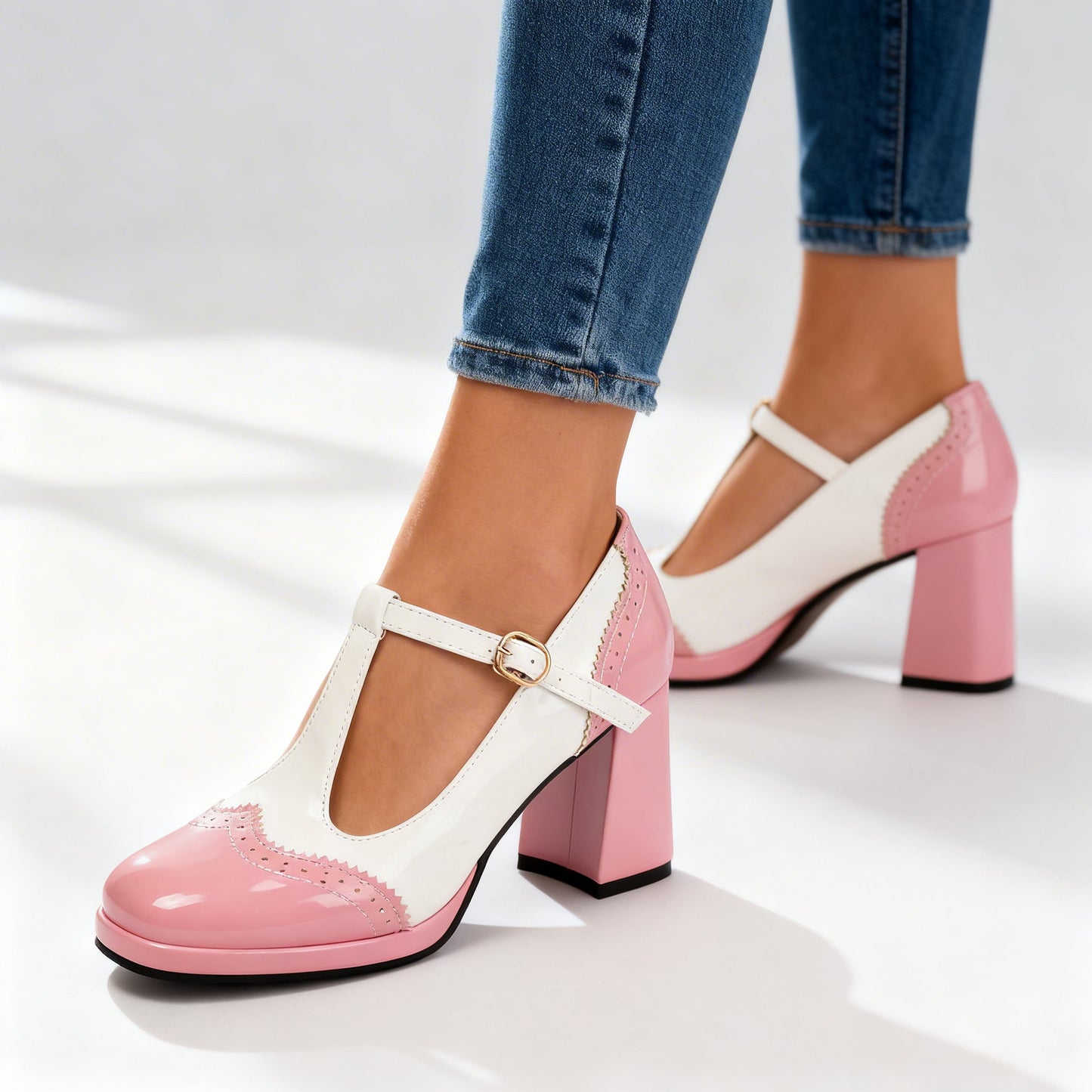 Sabrina Patent Brogue Loafers – Vintage Inspired T-Strap Block Heels with Comfortable Fit
