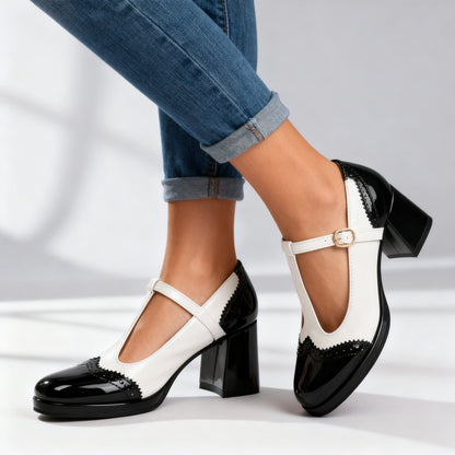 Sabrina Patent Brogue Loafers – Vintage Inspired T-Strap Block Heels with Comfortable Fit