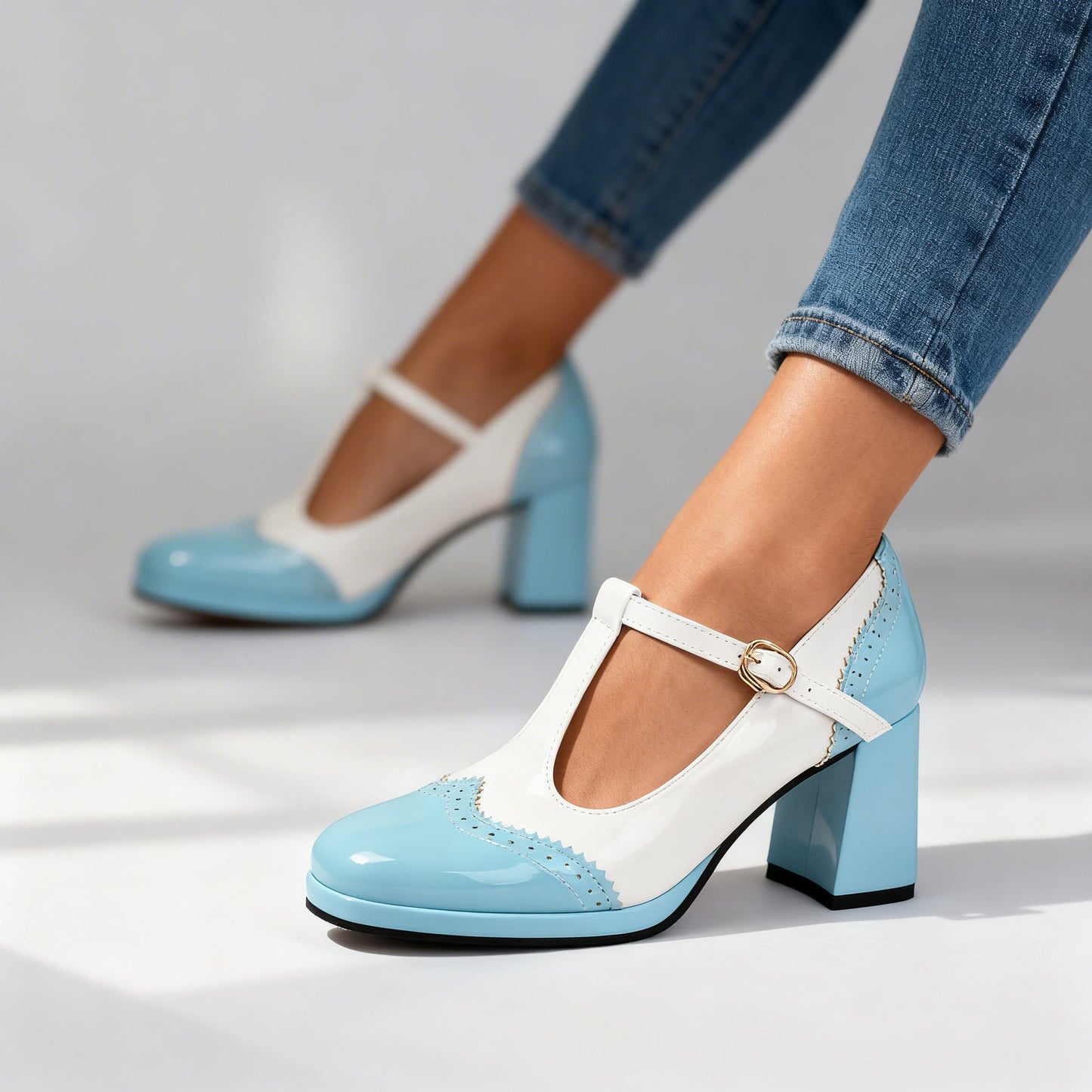 Sabrina Patent Brogue Loafers – Vintage Inspired T-Strap Block Heels with Comfortable Fit