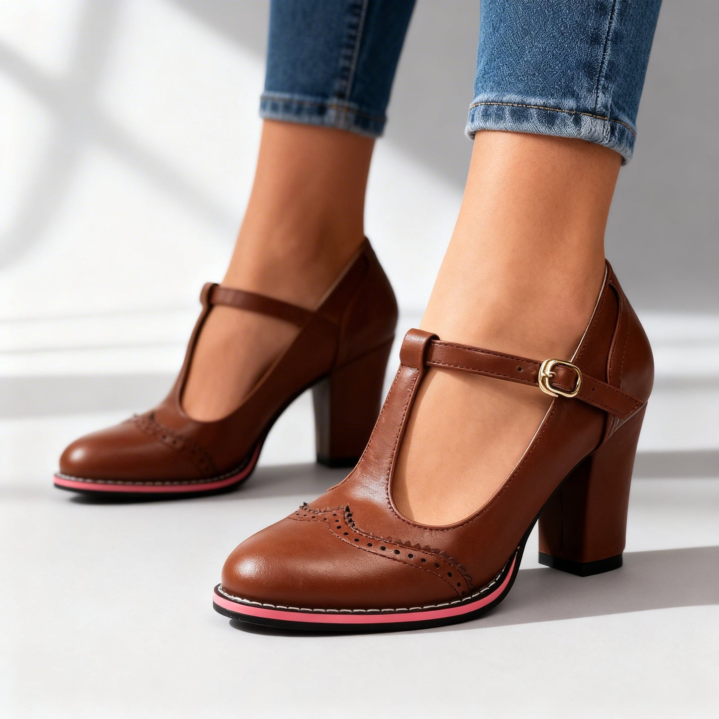 Mocassini con cinturino a T in stile brogue – Tacchi a blocco di ispirazione vintage con calzata confortevole