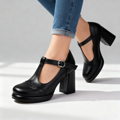 Sylvia Brogue Loafers – Vintage Inspired Buckle Strap Block Heels with Comfortable Fit