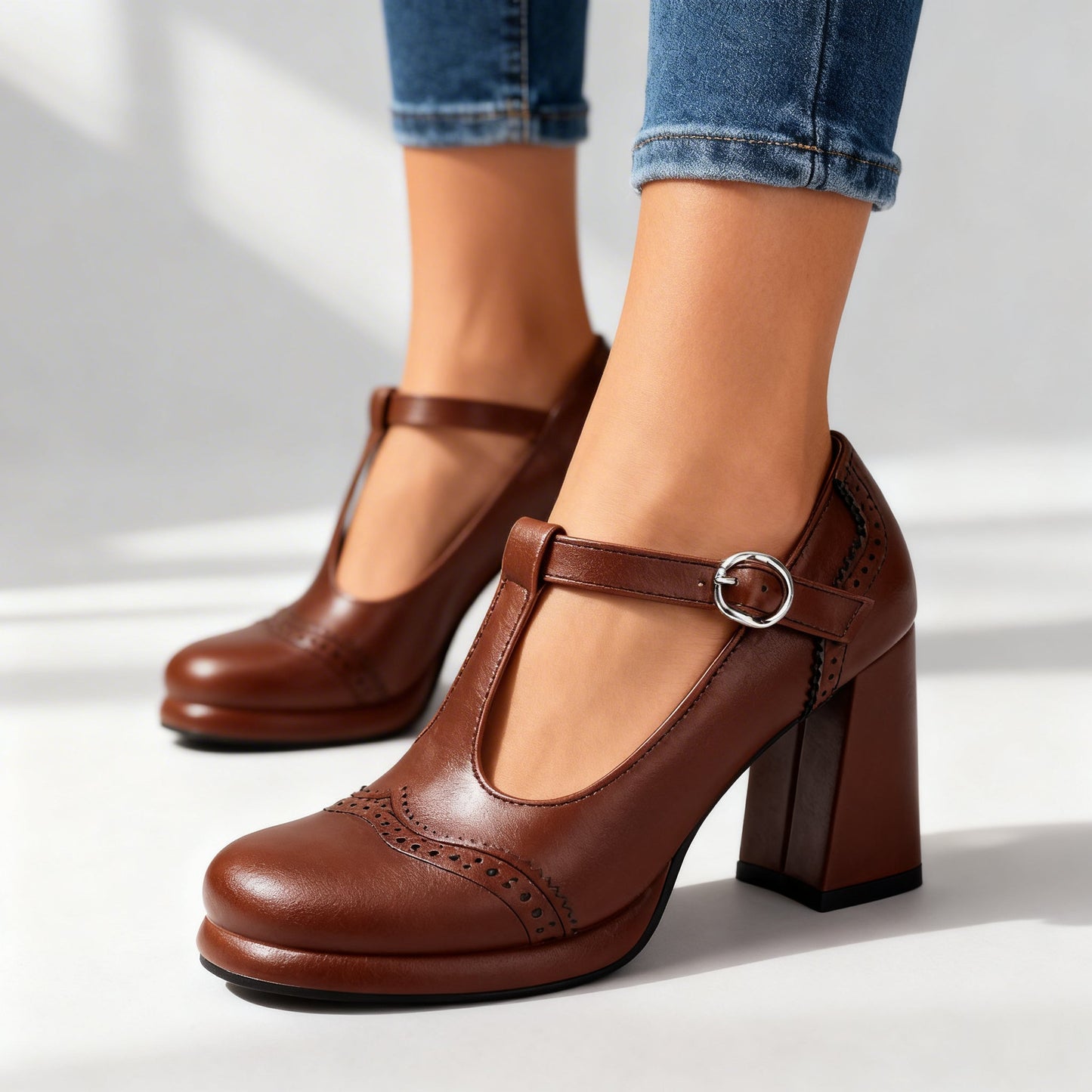 Sylvia Brogue Loafers – Vintage Inspired Buckle Strap Block Heels with Comfortable Fit